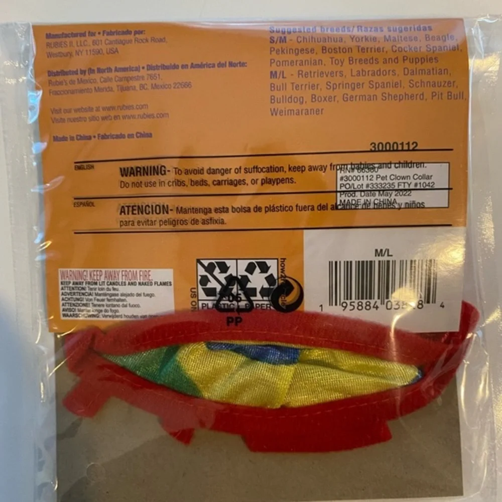 RUBIES PET SHOP BOUTIQUE CLOWN COLLAR COSTUME SIZE MEDIUM/ LARGE- BRAND NEW